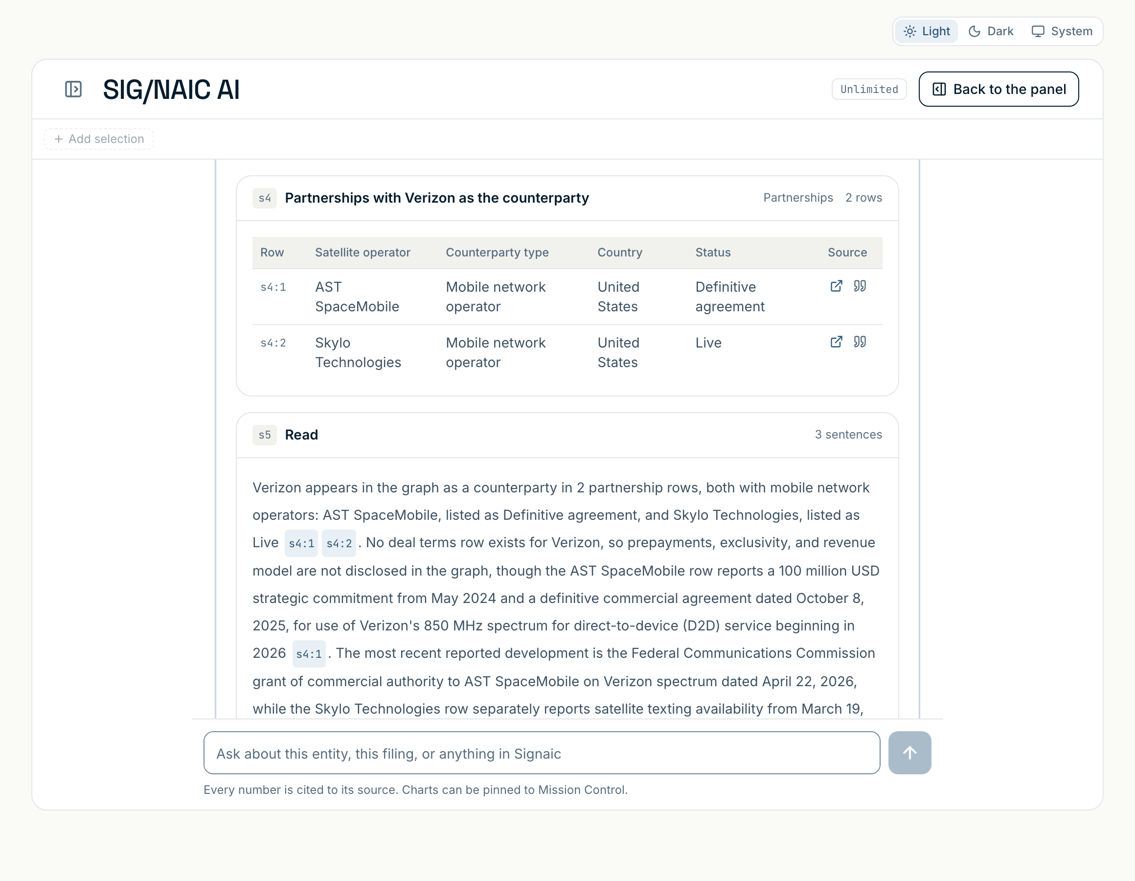 SIG/NAIC AI answering a question in Signaic, with the answer followed by a list of citations into the record.