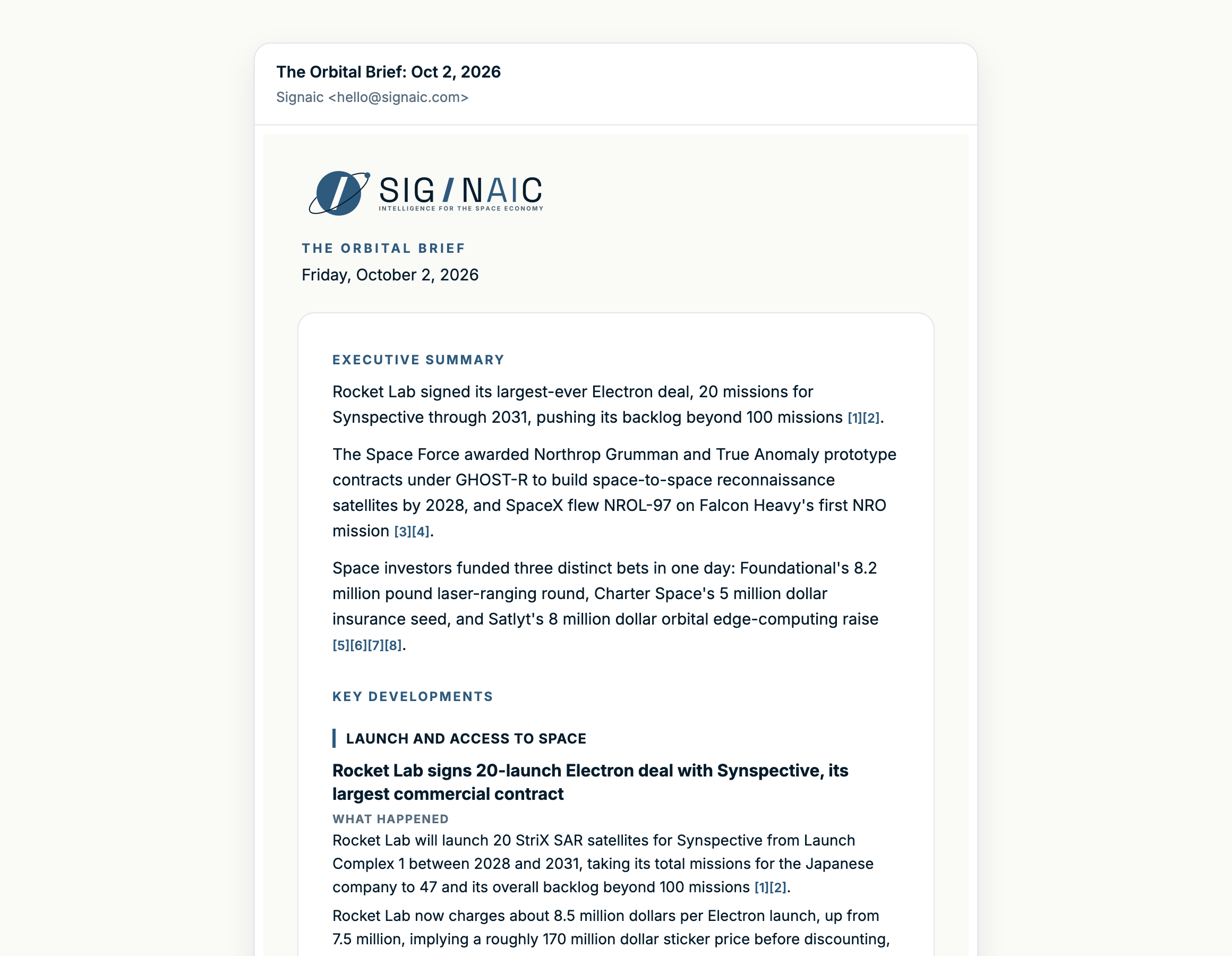 An issue of The Orbital Brief: items grouped by category, each with what happened, why it matters, the deadline it starts and numbered citations.